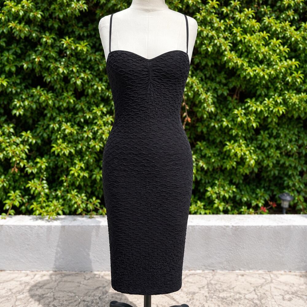 Vintage Bebe Black Texture Bodycon Midi Dress Small Y2K Spaghetti Strap USA Made